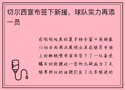 切尔西宣布签下新援，球队实力再添一员