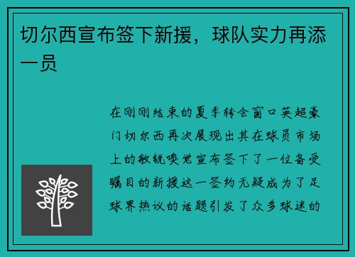切尔西宣布签下新援，球队实力再添一员