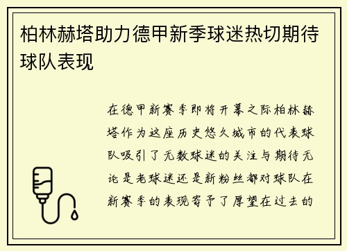 柏林赫塔助力德甲新季球迷热切期待球队表现