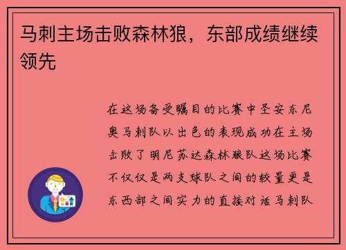 马刺主场击败森林狼，东部成绩继续领先