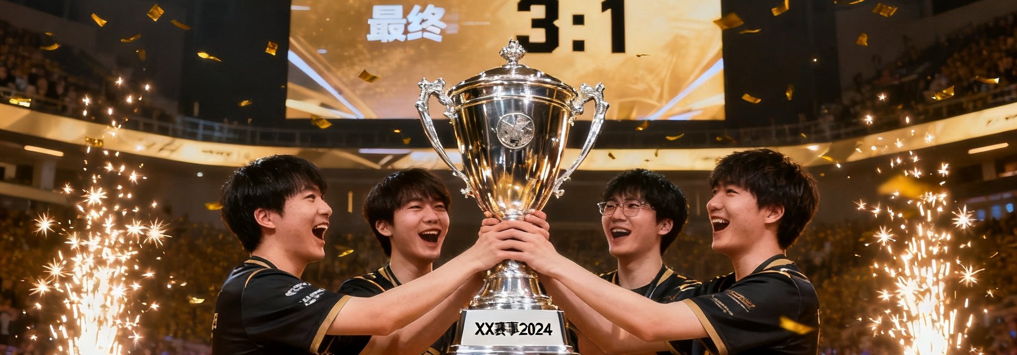 颁奖典礼瞬间抓拍，获胜战队五位选手共同举起银质冠军奖杯，金色纸屑从场馆顶部飘落，选手脸上洋溢着激动与喜悦，奖杯表面镌刻着赛事名称和年份，背景大屏幕显示着最终比分3:1，舞台边缘的焰火装置喷射出金色火花。