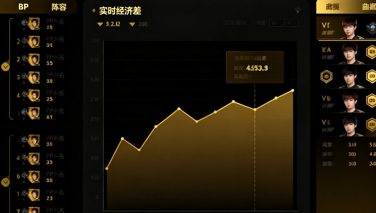 英雄联盟赛事数据分析仪表盘界面截图，左侧显示两队BP阵容对比，中间区域展示实时经济差曲线图，右侧列有选手个人数据面板，整体界面采用深色主题配金色数据高亮，底部有赛事时间轴进度条。